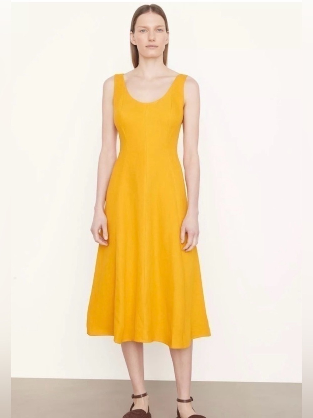 NWT Vince linen blend yellow Panelled Sleeveless Midi Dress size medium.